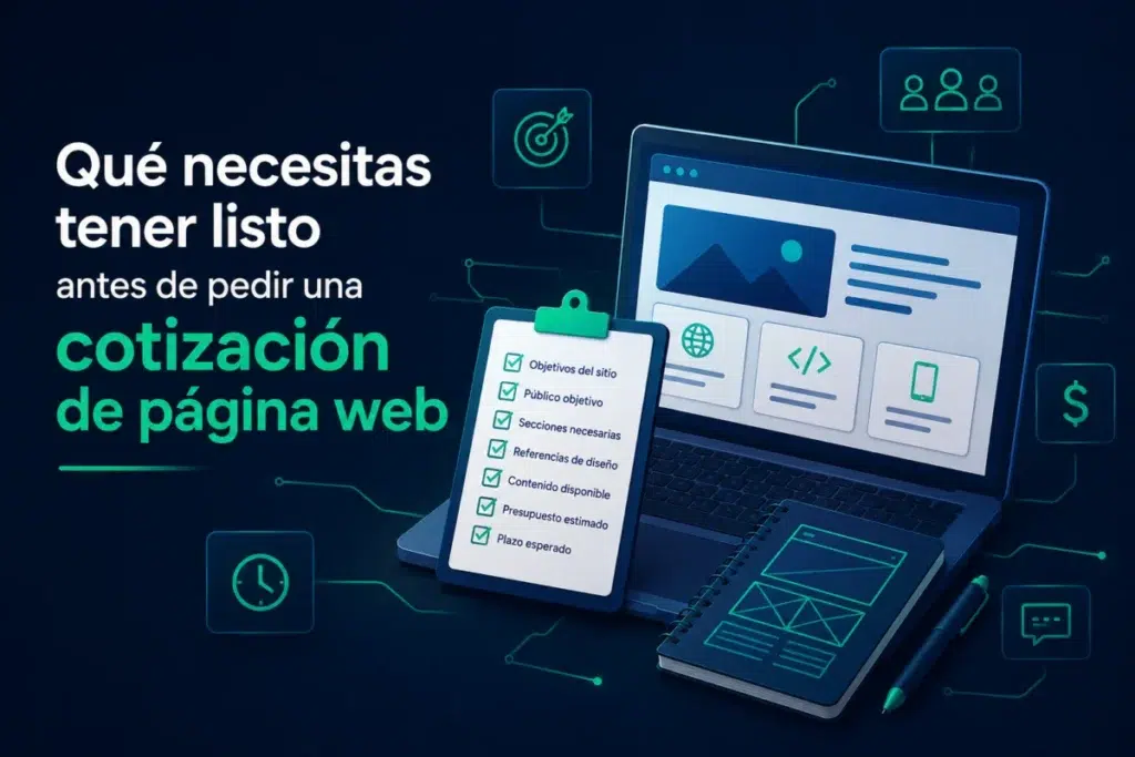Ilustracion sobre la preparacion previa a cotizar una pagina web, con iconos de documentos y planificacion de proyecto
