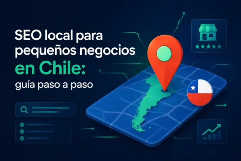 Ilustracion sobre SEO local en Chile, con icono de ubicacion y elementos de busqueda representando el posicionamiento de negocios en Google